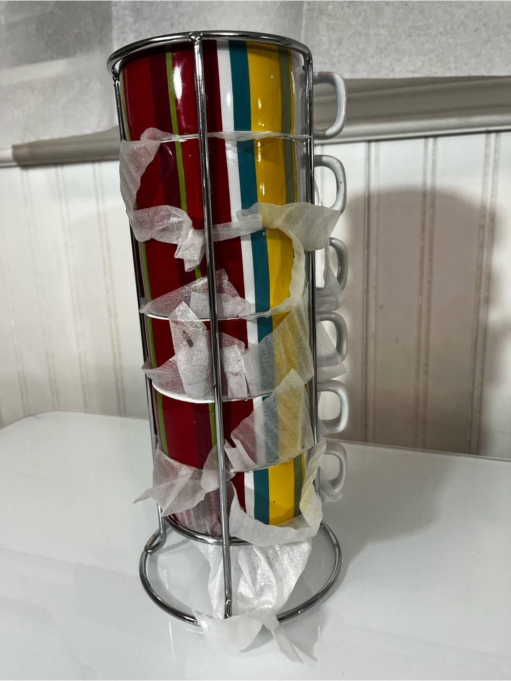 Cost Plus World Market White Ceramic Mug with Colorful Stripe Accents